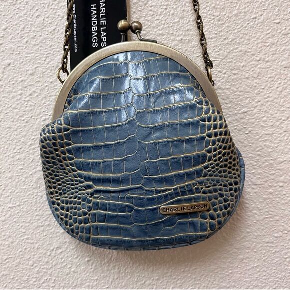 Charlie Lapson Kisslock Small Clam Shell Bag Purse Croc Embossed Leather - Picture 2 of 8